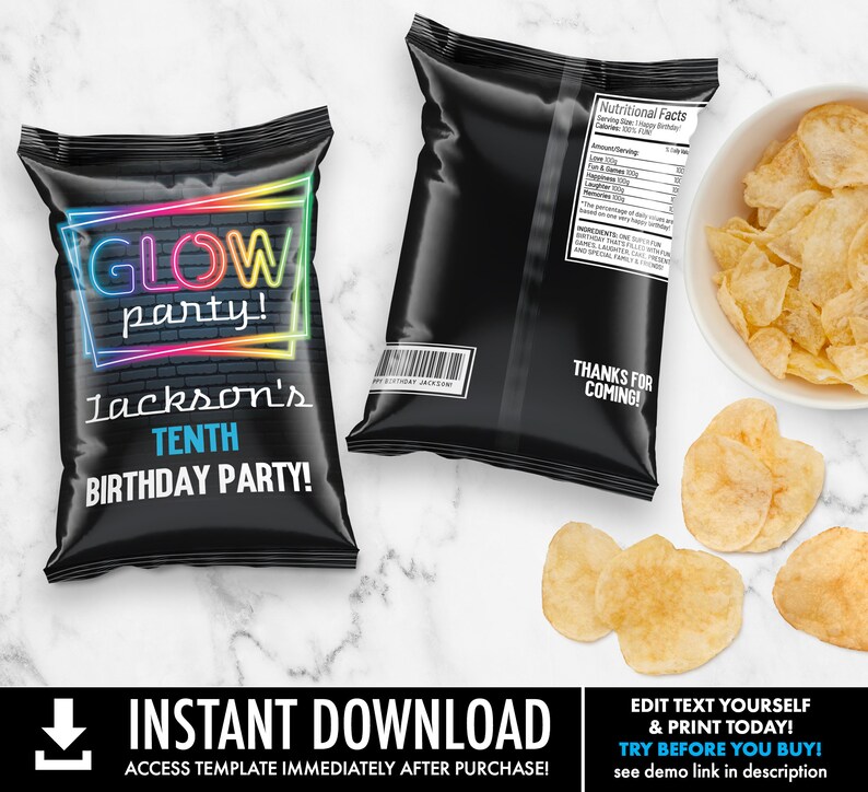 May include: Black and neon glow party chip bag template with the text "Glow Party! Jackson's Tenth Birthday Party!"  Editable template for a birthday party.