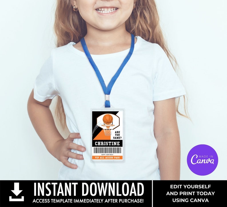 Basketball All Star ID Badge Basketball Party, Basketball VIP All Access Pass You Personalize using CANVAInstant Download Printable image 8