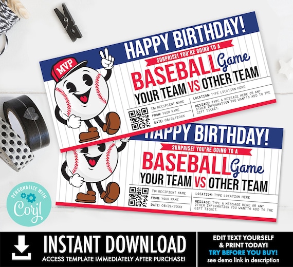 Baseball Ticket Gift Template,Surprise Baseball Game Ticket, Fake Baseball Ticket | Personalize using CORJL-INSTANT DOWNLOAD Printable