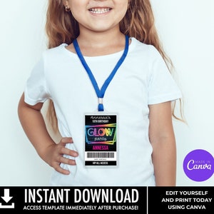 Neon Glow Party VIP Badge, Neon Glow Theme, Glow Party All Access Pass Edit with CANVA INSTANT Download Printable Template image 7