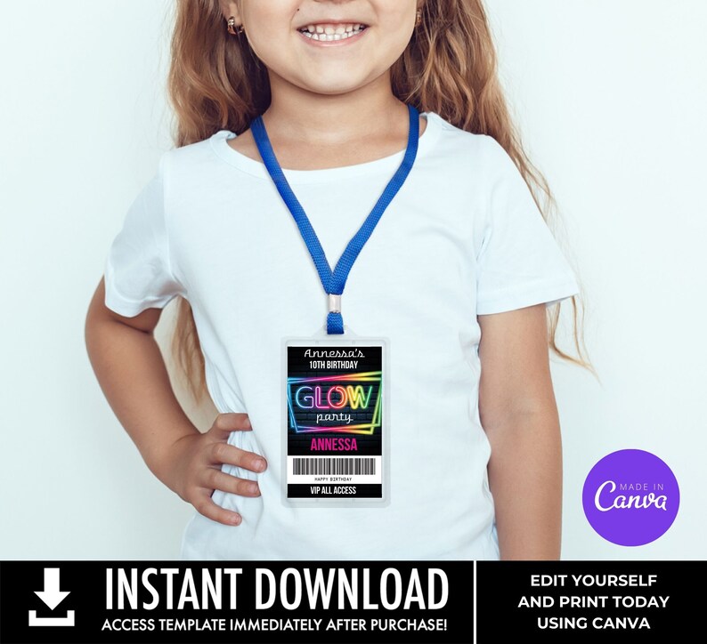 Neon Glow Party VIP Badge, Neon Glow Theme, Glow Party All Access Pass Edit with CANVA INSTANT Download Printable Template image 7