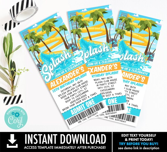 Waterslide Party Ticket Invitation - Waterpark Ticket Invite, Pool Party | You Personalize using CORJL-INSTANT DOWNLOAD Printable Template