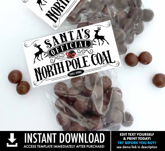Santa's Coal Treat Topper,Christmas Party Favor,Santa's North Pole Coal,Naughty List | Self-Edit with CORJL - INSTANT Download Printable