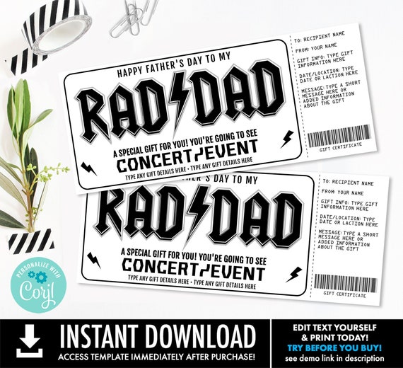 Father's Day Concert/Event, Rad Dad Surprise Gift Certificate,Concert/Event Fake Ticket | Personalize using CORJL-INSTANT DOWNLOAD Printable