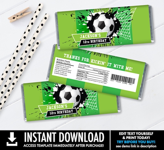 Soccer Candy Wrappers/Label - Soccer Birthday, Soccer Party, Candy Label | Self-Editing with CORJL - INSTANT DOWNLOAD Printable