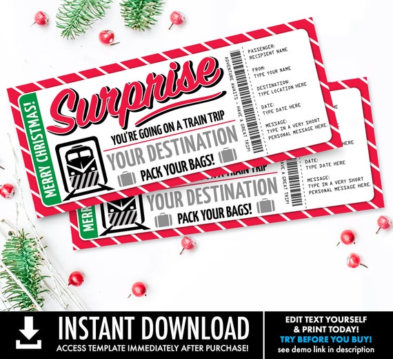 Christmas Train Trip Surprise Ticket Voucher, Train Ticket, Fake Ticket | Self-Edit with CORJL - INSTANT DOWNLOAD Printable Il_570xn