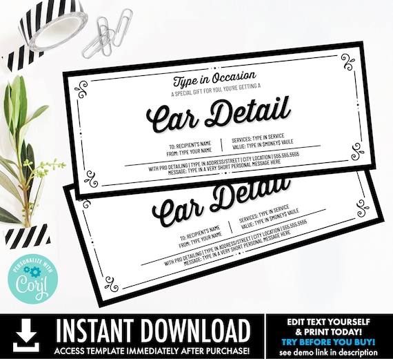 Car Detail Any Occasion Gift,Surprise Gift Reveal,Gift Certificate,Voucher | Personalize using CORJL–INSTANT DOWNLOAD Printable