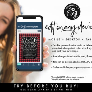 May include: A digital screen displaying a customizable invitation template for a "Flannel Fizz" bridal shower. The template features a red and black buffalo plaid pattern with white snowflakes and the text "You're invited to a Flannel Fizz Bridal Shower Honoring Charlotte Chapurline".