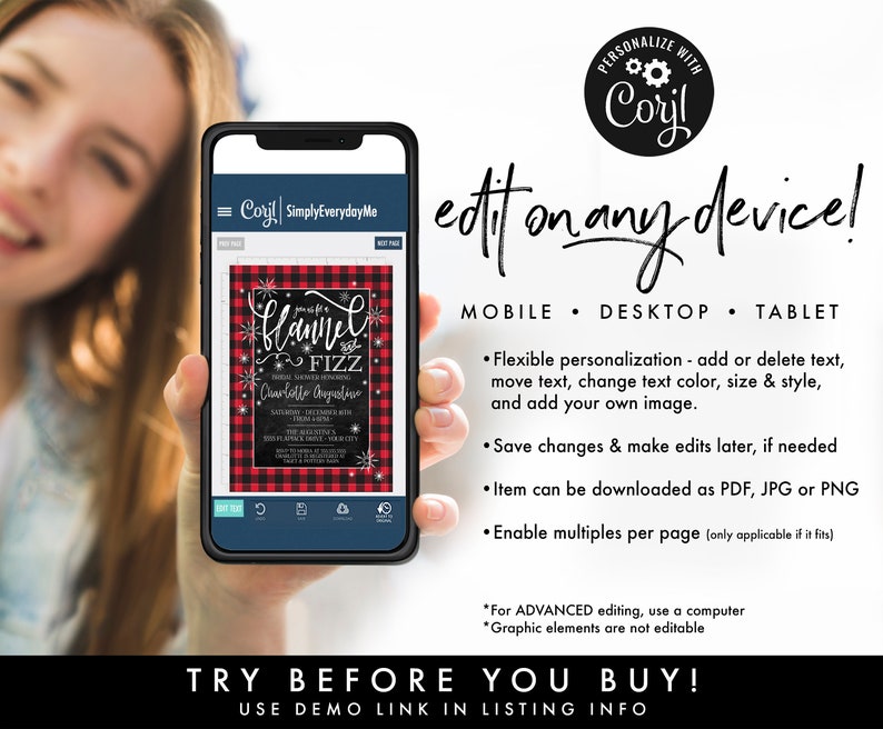 May include: A digital screen displaying a customizable invitation template for a "Flannel Fizz" bridal shower. The template features a red and black buffalo plaid pattern with white snowflakes and the text "You're invited to a Flannel Fizz Bridal Shower Honoring Charlotte Chapurline".