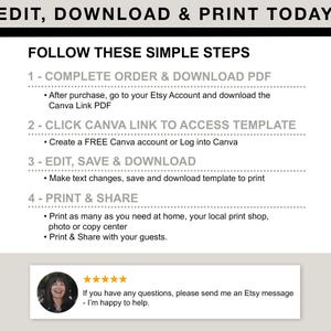 Peut inclure: Un fond blanc avec du texte noir d&eacute;crivant les &eacute;tapes pour &eacute;diter, t&eacute;l&eacute;charger et imprimer un mod&egrave;le num&eacute;rique. Le texte comprend "Complete Order & Download PDF", "Click Canva Link to Access Template", "Edit, Save & Download", et "Print & Share".