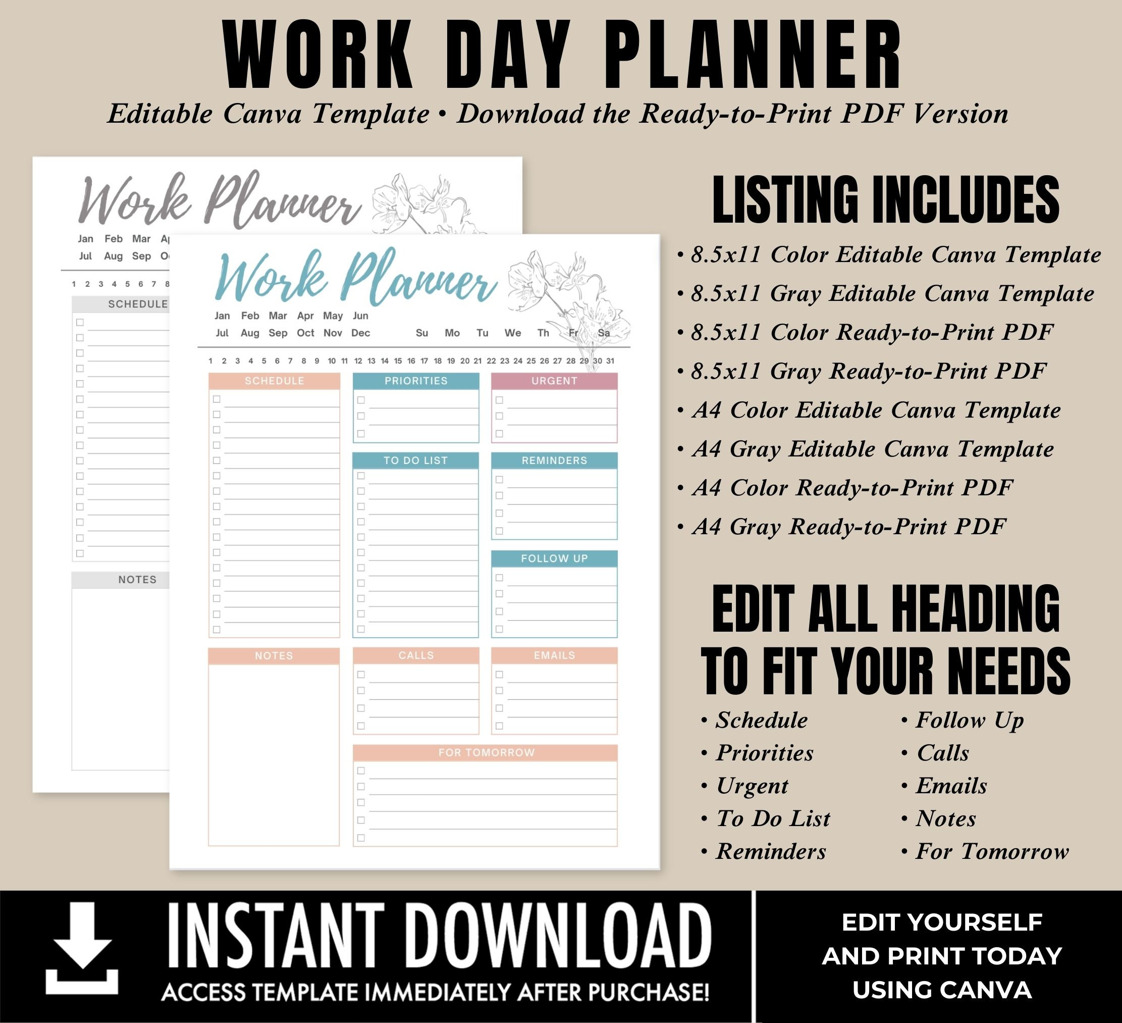 Editable Work Planner, Work Day Organizer, Printable Daily Planner ...