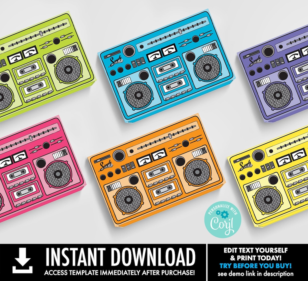 Boom Box Favor Box Retro MINI Boombox 7 Editable Text, 80's Party, 90's