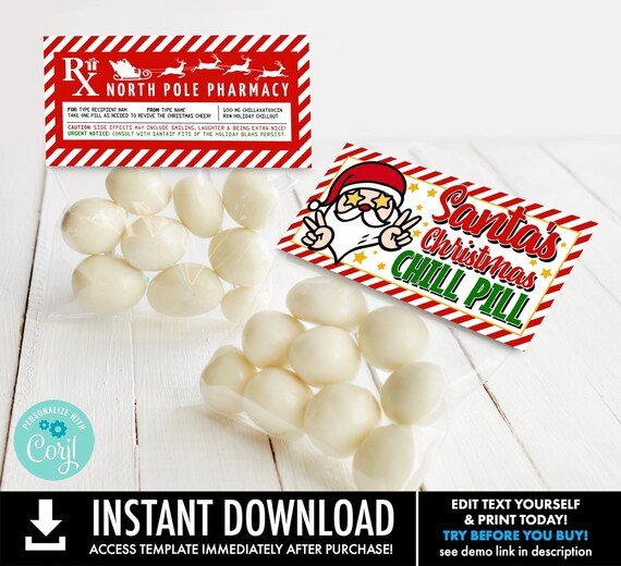 Santa's Chill Pill Treat Topper, Holiday Blahs, Christmas Party Favor,Santa's Nice List | Self-Edit with CORJL - INSTANT Download Printable