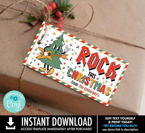 Retro Rock This Christmas Gift Tag, Rock'n Around the Christmas Tree,Christmas Gift Tag | Self-Edit with CORJL-INSTANT Download Printable