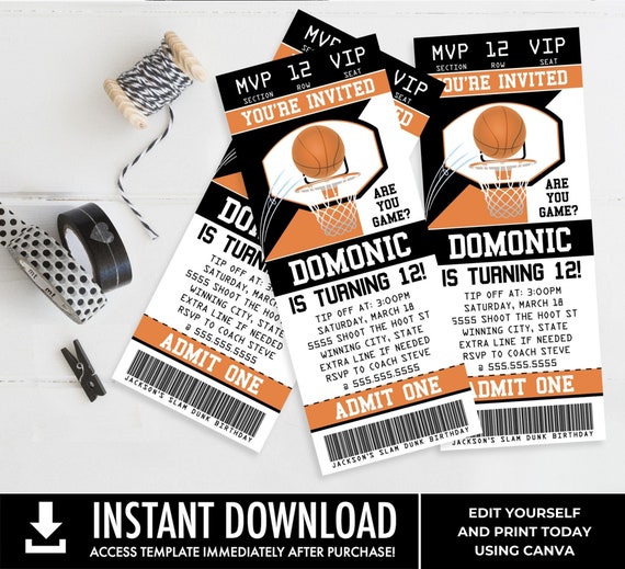 Basketball Ticket Invitation, Basketball Birthday Party, Ticket Invite | You Personalize using CANVA - INSTANT Download Printable