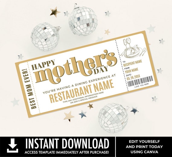 Mother's Day Restaurant Dinner Editable Golden Ticket Template, Gift Certificate, Surprise Night Out Coupon | Edit with CANVA-Printable