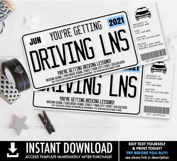 Driving Lessons Surprise Gift Voucher,License Plate Voucher,Gift Reveal,Gift Certificate | Self-Edit with CORJL - INSTANT DOWNLOAD Printable Il_570xn