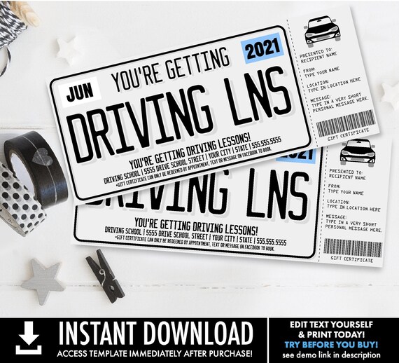 Driving Lessons Surprise Gift Voucher,License Plate Voucher,Gift Reveal,Gift Certificate | Self-Edit with CORJL - INSTANT DOWNLOAD Printable