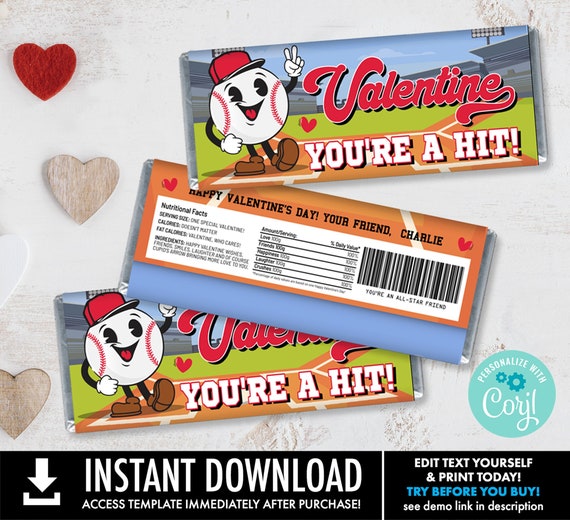 Valentine Baseball Candy Bar Label, Retro Baseball Valentine,Valentine Card | Self-Edit with CORJL - INSTANT DOWNLOAD Printable Template