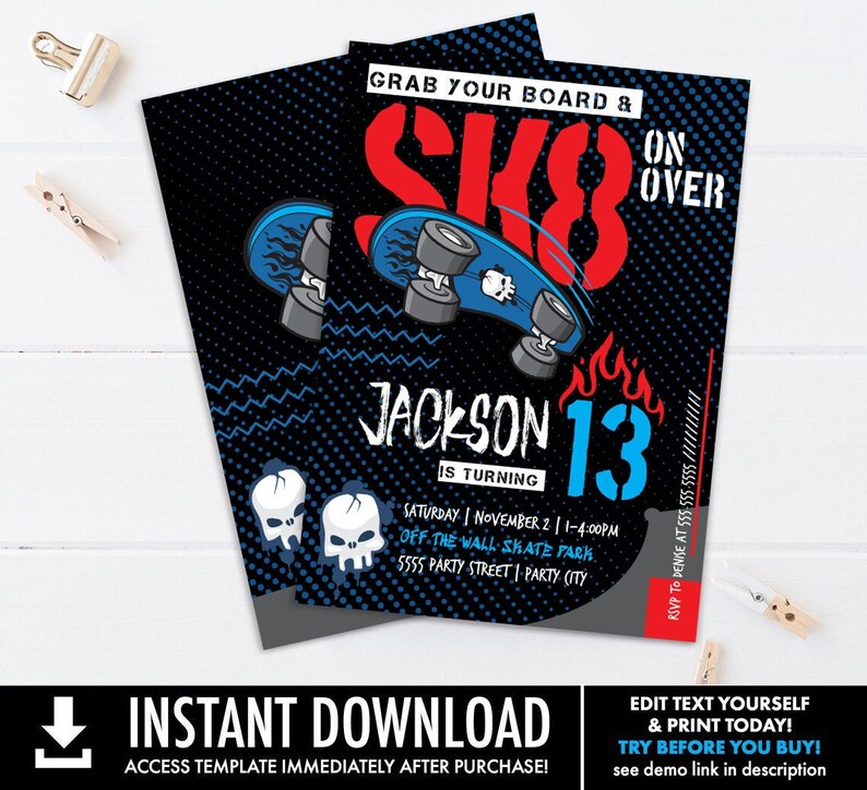 Skateboard Party Invitation Skate Park Party Skater Party Etsy