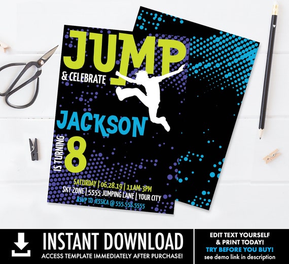 Jump Birthday Invitation - Trampoline,Jump & Play,Bounce On Over,Birthday Party | Self-Edit with CORJL - INSTANT DOWNLOAD Printable Template