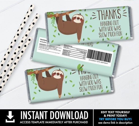 Sloth Candy Bar Label/Wrapper - Party Favor, Sloth Party, Sloth Theme | Self-Edit with CORJL - INSTANT Download Printable