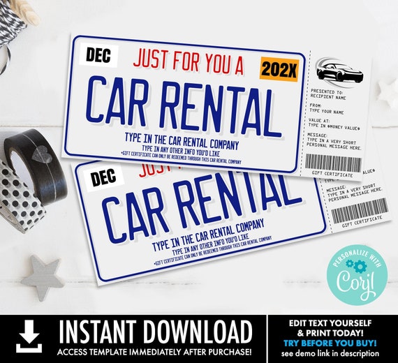 Car Rental Gift Certificate,License Plate Surprise,Gift Certificate,Gift Voucher | Self-Edit with CORJL-INSTANT DOWNLOAD Printable Template