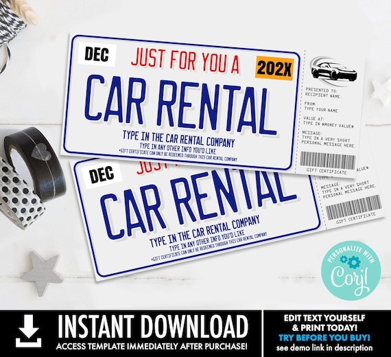 Car Rental Gift Certificate,License Plate Surprise,Gift Certificate,Gift Voucher | Self-Edit with CORJL-INSTANT DOWNLOAD Printable Template