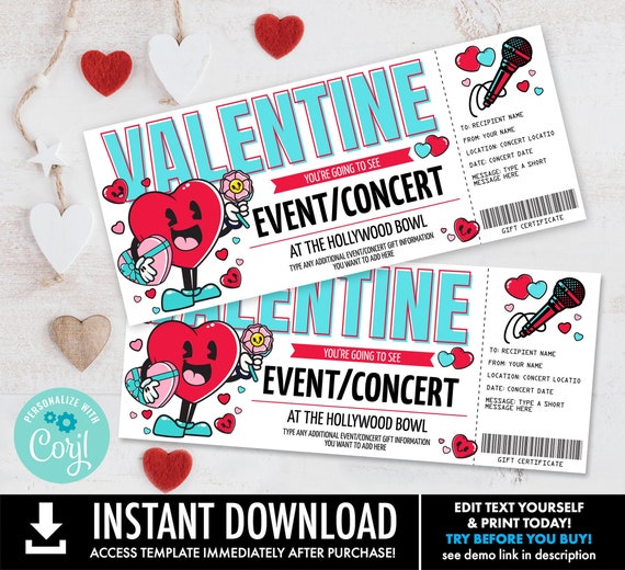 Valentines Day Concert Ticket Gift Certificate, Show, Performance, Artist,Gift Reveal | Personalize using CORJL-INSTANT DOWNLOAD Printable