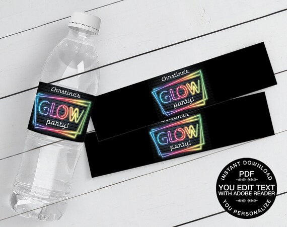 Neon Glow Party Water Bottle Wrap/Label, Neon Glow Theme,Water Bottle Wrapper,Drink Label | Self-Editing Text DIY INSTANT Download Printable Il_570xn