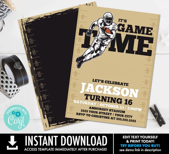 Football Party Invitation - It's Game Time, Football Invitation,Tailgate Invite | Self-Edit with CORJL - INSTANT DOWNLOAD Printable Template