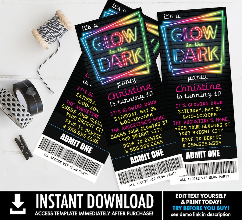 May include: Glow in the dark party invitation with a neon sign design. The invitation is for Christine's 10th birthday party. It includes the date, time, and location of the party. The invitation also includes a ticket design with the words "Admit One" and "All Access VIP Glow Party".