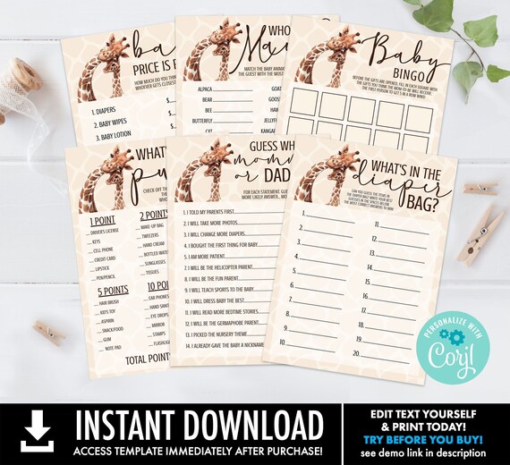 Giraffe Baby Shower Game Bundle - SIX Baby Shower Games Set-#2 | Self-Edit with CORJL - INSTANT Download Printable