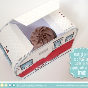 1950s RV Camper Trailer box, Caravan Box, cupcake box, gift card box, BLUE Camper Favor Box Instant Download D.I.Y. Printable PDF image 2