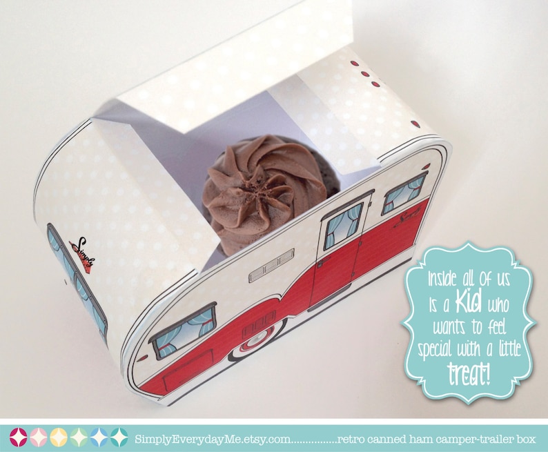 1950s RV Camper Trailer box, Caravan Box, cupcake box, gift card box, BLUE Camper Favor Box Instant Download D.I.Y. Printable PDF image 2