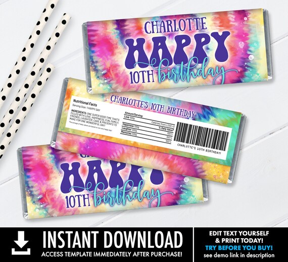 Tie Dye Candy Wrap - Birthday Candy Bar Label, Love Peace Tie Dye, Hippie Party | Self-Edit with CORJL - INSTANT DOWNLOAD Printable