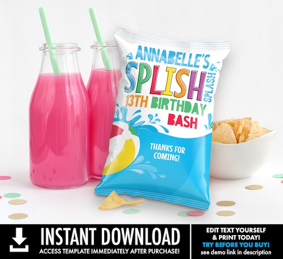 Pool Party Potato Chip Bag Wrap/Label/Template,Snacks Bag,Loot,Mini Chip Bag Favors | You Personalize using CORJL–INSTANT Download Printable
