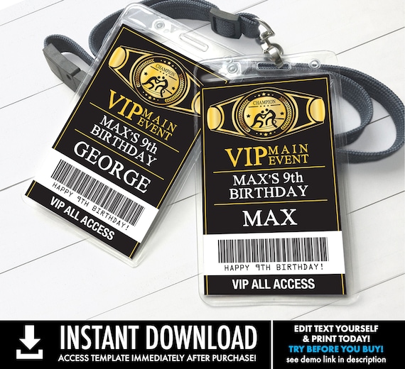 Wrestling VIP Badge, Wrestling Party, Wrestle Party Mania | Self-Editing with CORJL - INSTANT Download Printable