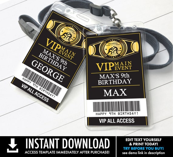 Wrestling VIP Badge, Wrestling Party, Wrestle Party Mania | Self-Editing with CORJL - INSTANT Download Printable