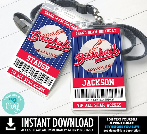 Baseball VIP Badges, All Access Pass, Baseball All Star Badges | Self-Edit with CORJL - INSTANT Download Printable Template