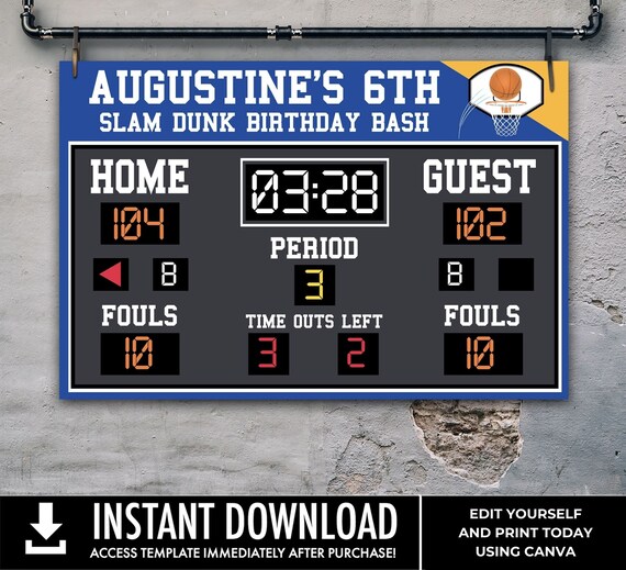 Basketball Scoreboard Printable 36"x24" Poster, Scoreboard Sign, Basketball Birthday | Edit Text using CANVA–INSTANT DOWNLOAD Printable