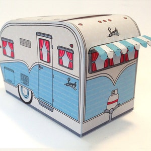 1950s RV Camper Trailer box, Caravan Box, cupcake box, gift card box, BLUE Camper Favor Box Instant Download D.I.Y. Printable PDF image 1