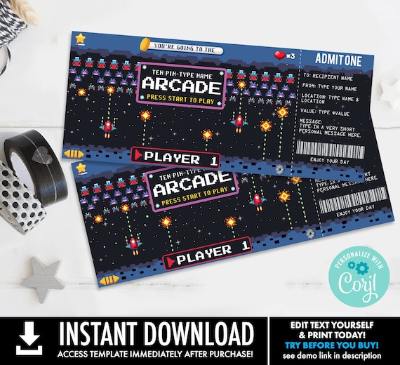 Arcade Gift Certificate,Retro Video Game Arcade Surprise Gift Voucher,Laser Tag Voucher | Personalize with CORJL–INSTANT DOWNLOAD Printable