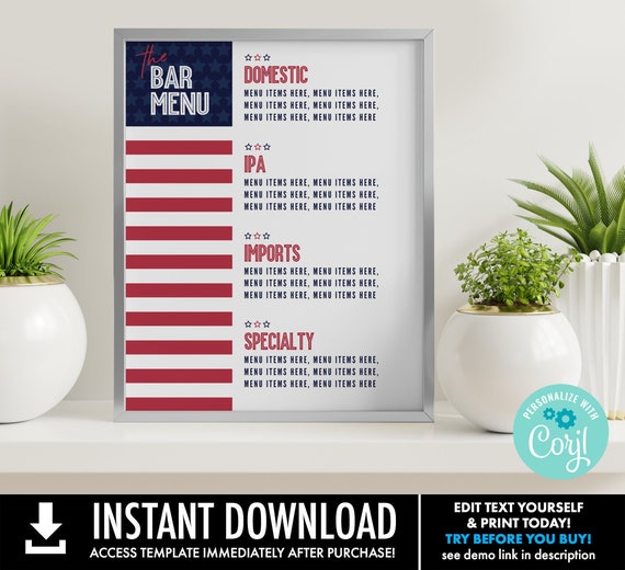 Red White & Brew 8x10 Menu, 4th Of July Sign, Drink Sign, Beer Menu Sign | Self-Edit with CORJL - INSTANT Download Printable Template