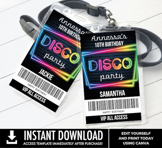 Disco Party VIP Badge, Disco Theme, Disco Party All Access Pass | Edit with CANVA - INSTANT Download Printable Template