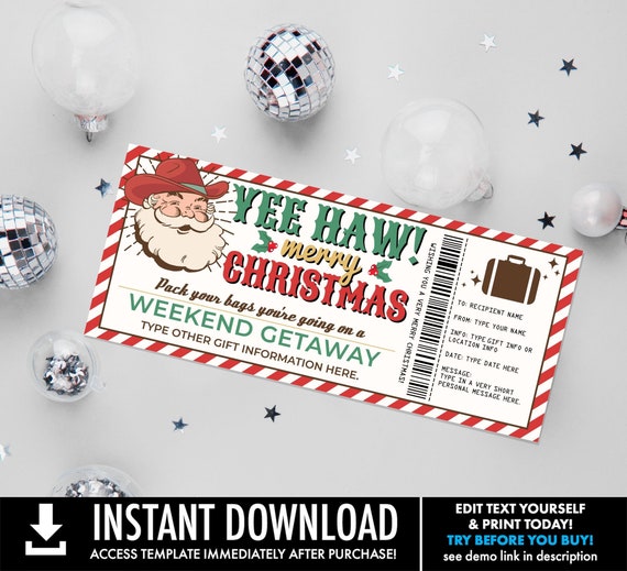 Western Santa Christmas Weekend Getaway Surprise Trip Surprise Voucher, Weekend Road Trip Voucher | You Personalize CORJL - INSTANT DOWNLOAD