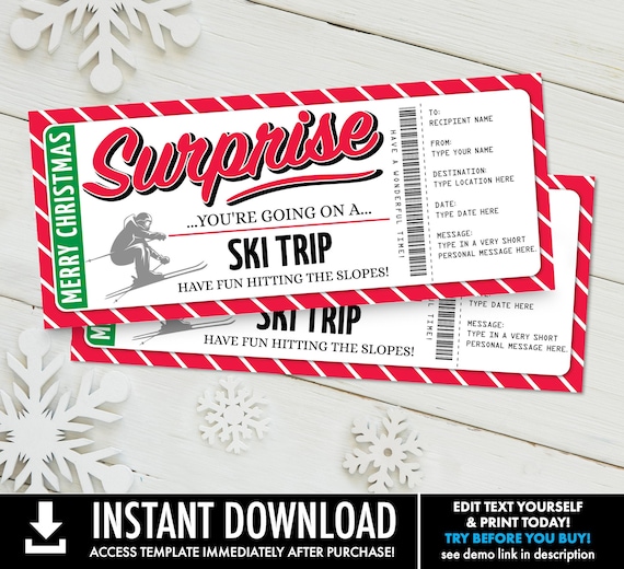 Christmas Ski Trip Surprise Ticket Gift Voucher, Skiing holiday Vacation | Self-Edit with CORJL - INSTANT DOWNLOAD Printable Il_570xn