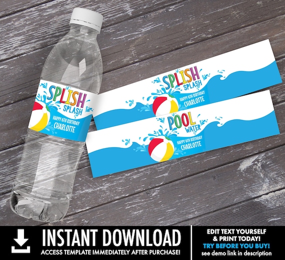 Pool Party Water Bottle Wrappers - Water Bottle Labels, Birthday Party Favors, Summer | Self-Editing with CORJL - INSTANT DOWNLOAD Printable Il_570xn