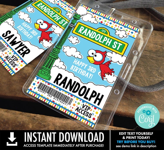 Sesame St ID Badges - VIP Party Badge, All Access Birthday Party Favor, Self-Editing | D.I.Y. Editable Text INSTANT Download Printable