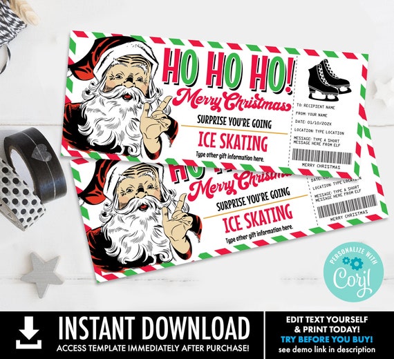 Santa Ice Skating Gift Voucher,Santa Gift Certificate,Printable Gift,Nice List | Self-Edit with CORJL-INSTANT Download Printable